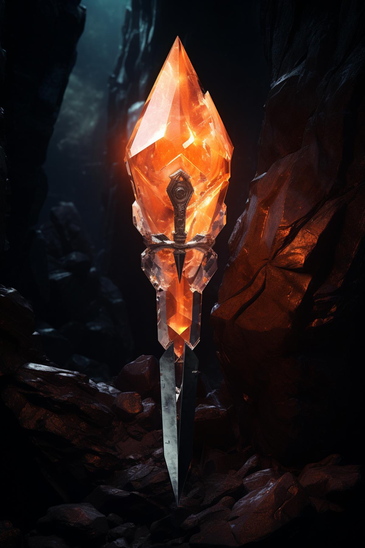A faintly glowing orange crystal with a big sword stuck inside it glows in dark and moody cave. Realistic, photo, cinematic angle