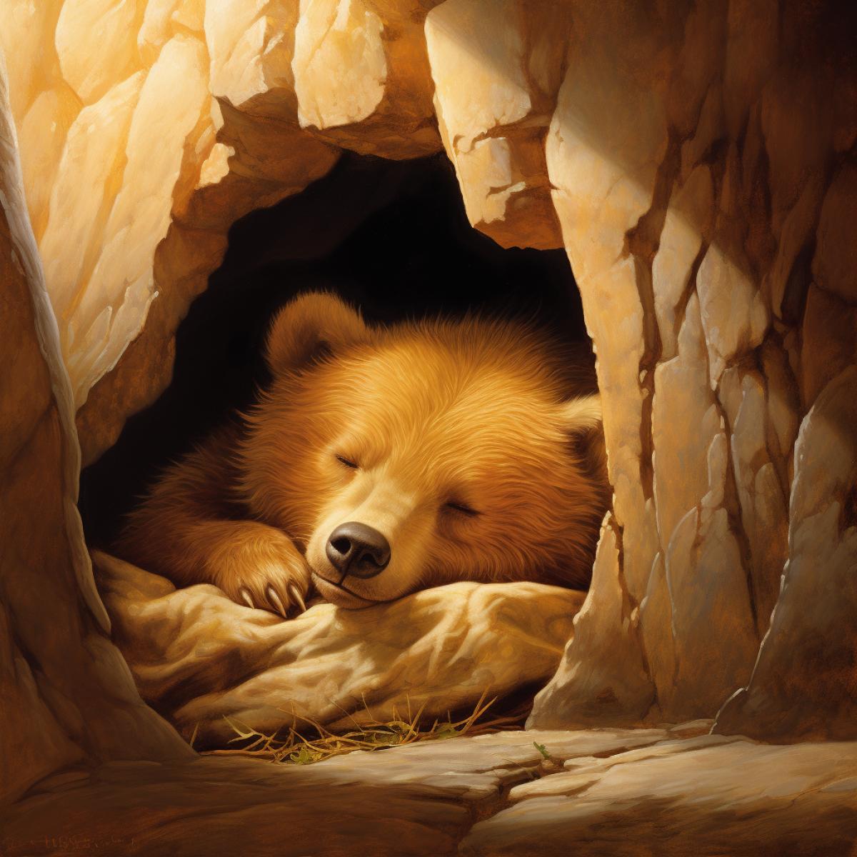 Cute hibernating bear sleeps peacefully in a cave, by Randy Vargas