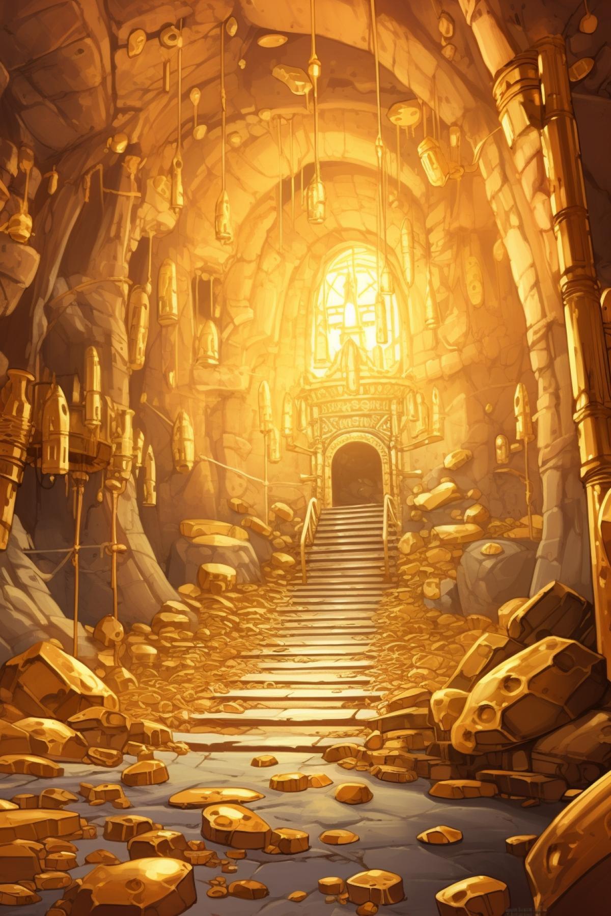 architecture interior, huge fantasy cave with many piles of gold coins and treasures, feeling of wealth, cel-shading, gold light, anime style, abtract drawing, highly detailed --no people