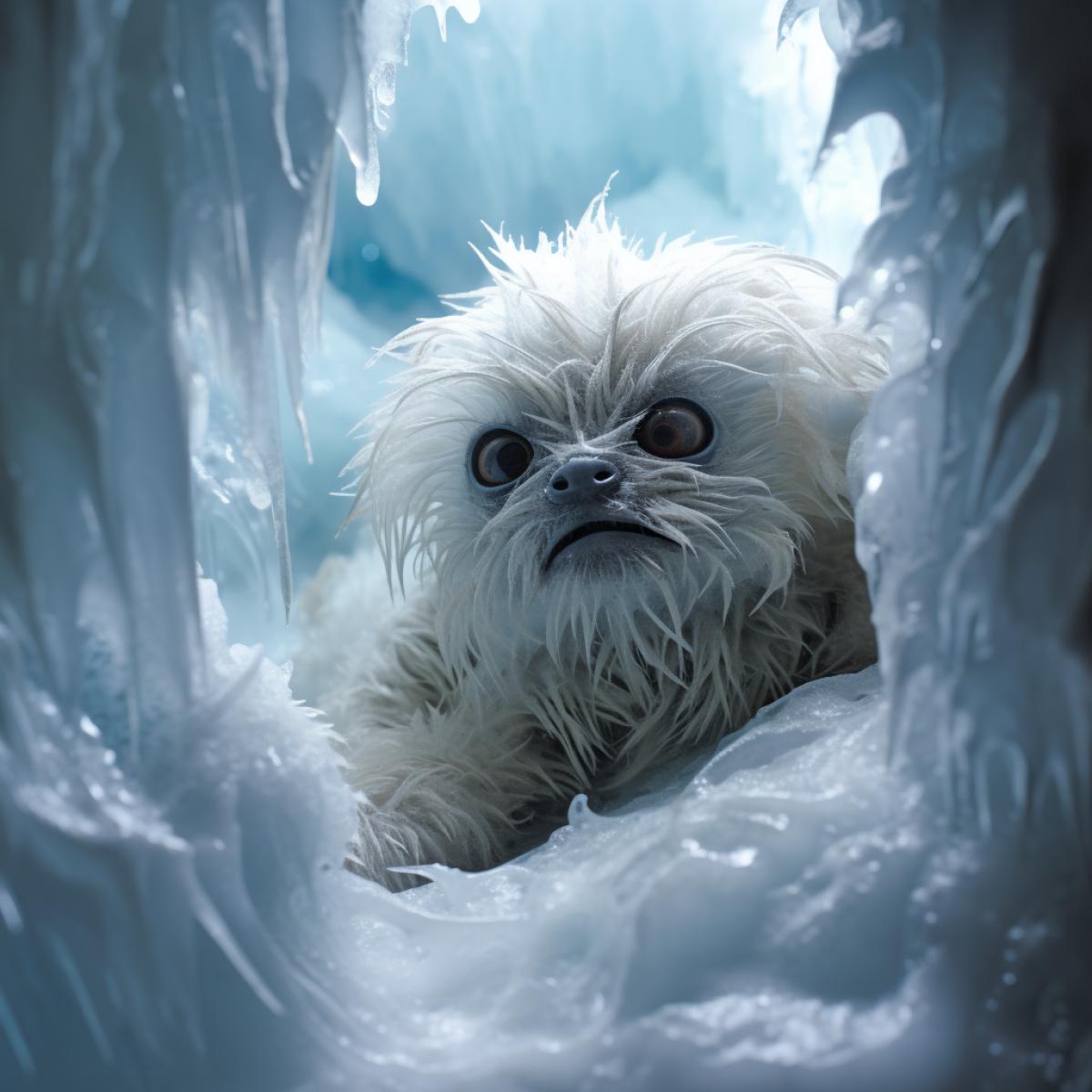photo of baby wampa, inside a cave of ice, 35mm depth of field, lots of detail, ultra photoreal