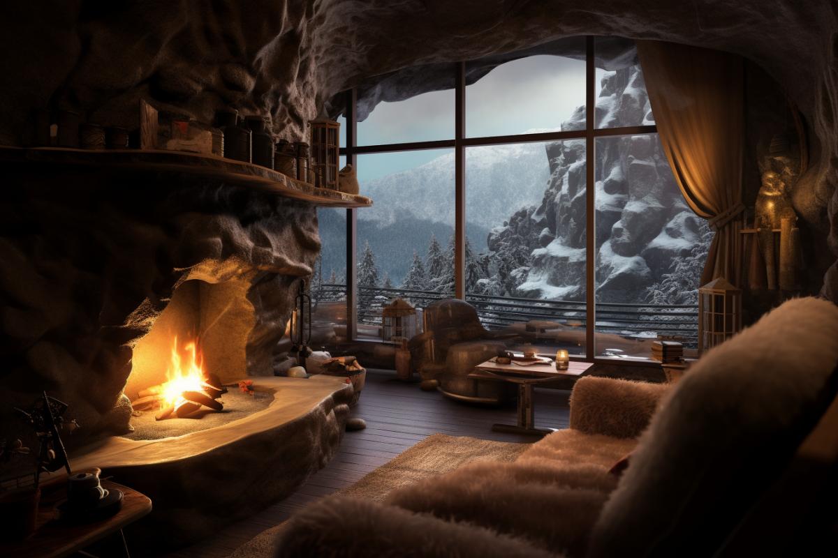 inside of a comfy cave looking outside. there is a fireplace at the entrance and it is snowing at the mountains