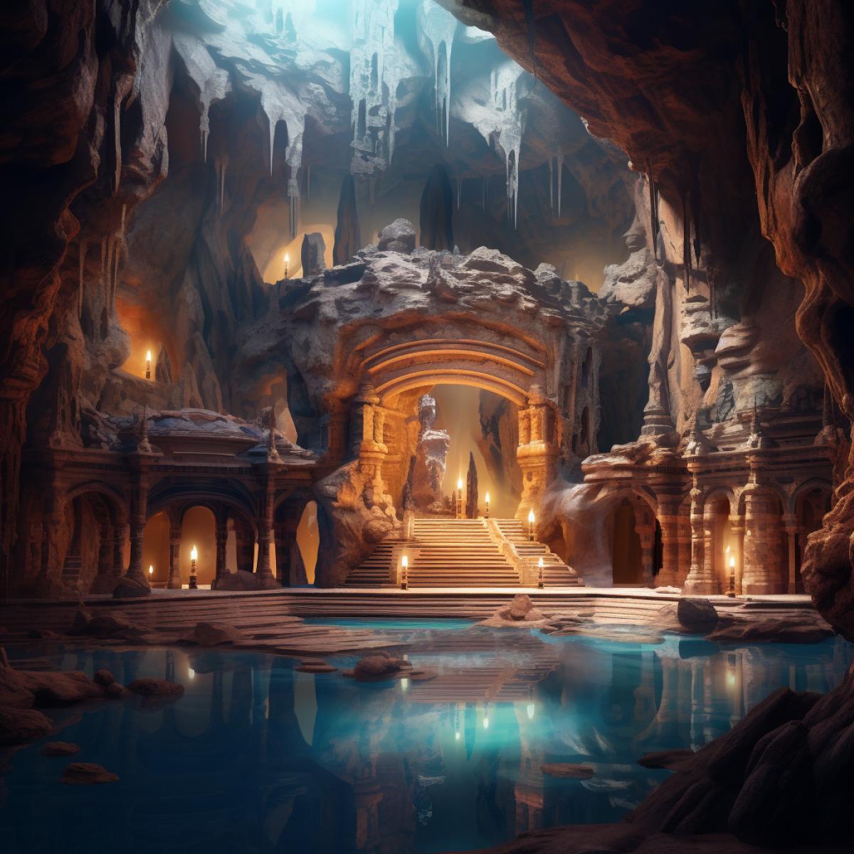 a big temple in a cave underground with light brown color with blue stones that enlighten the cave