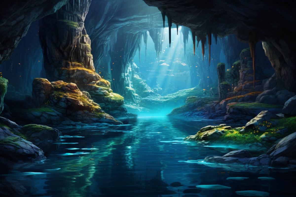 Beautiful karst caves and underground river streams. photorealistic, bright, saturated
