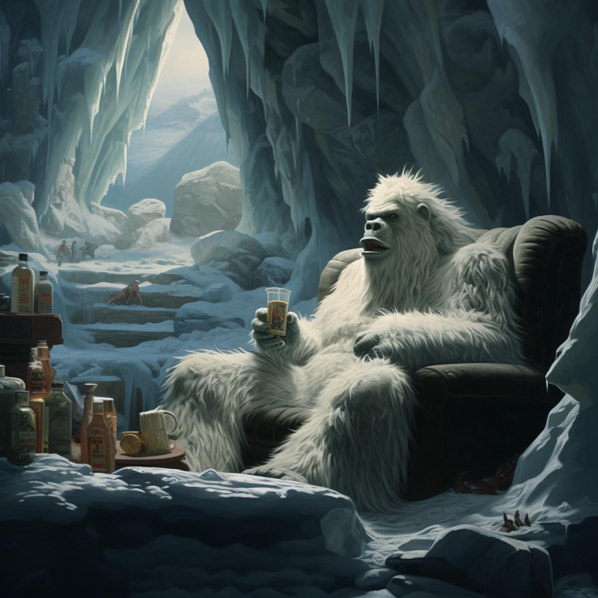 Yeti in a Glacier cave with a Big screen tv and a 6-pack of beer, Retro couch, ice, cold