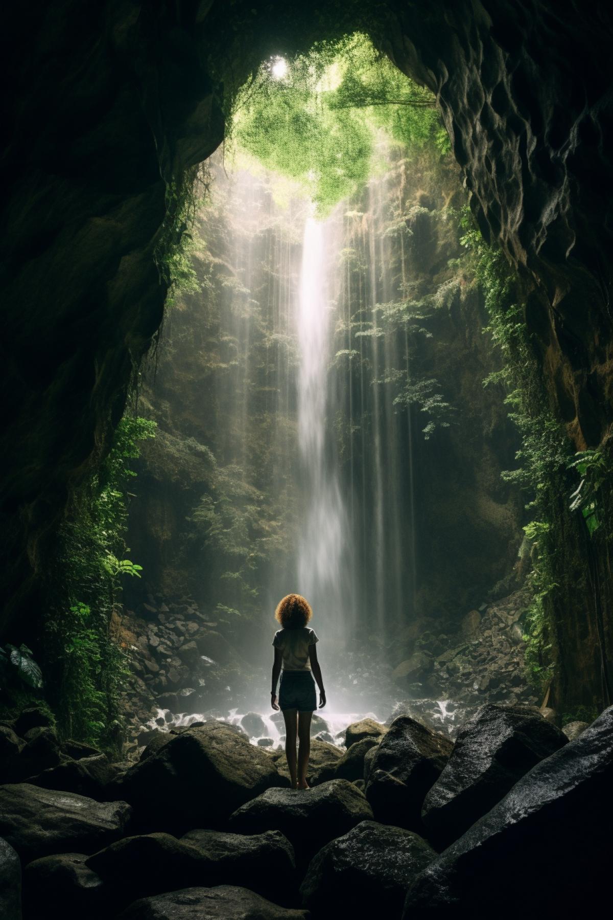 looking out from inside a waterfall cave