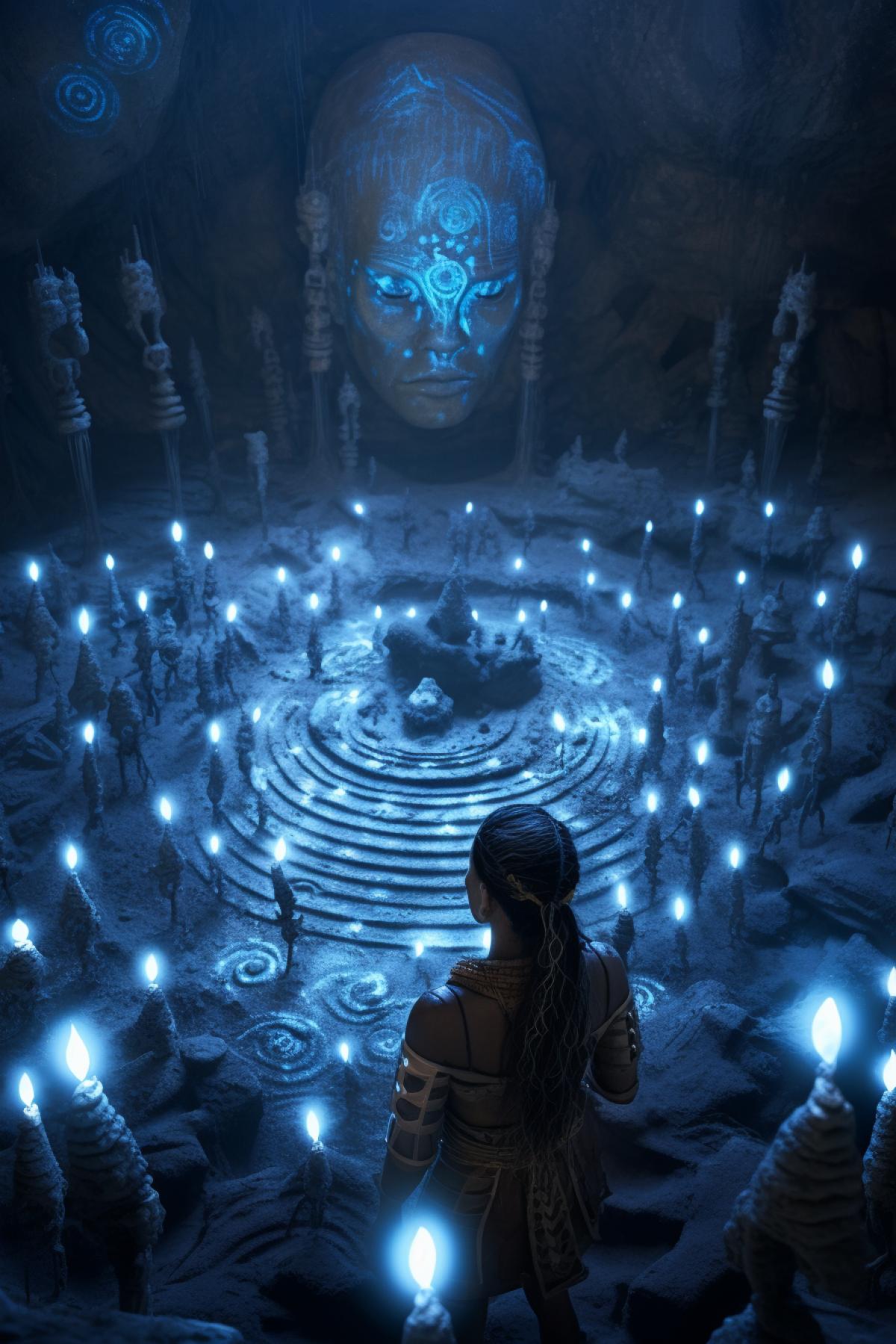 Native indigenous tribes ceremony, bioluminescence blue ancient dot petroglyph, in the white crystal cave, murals, spiral, micro detailed, mysterious, magical, tribes celebration, message from alien civilization, insanely detailed, extremely realistic, extremely photorealistic, octane render, unreal engine, 8k, hd, hyper creative