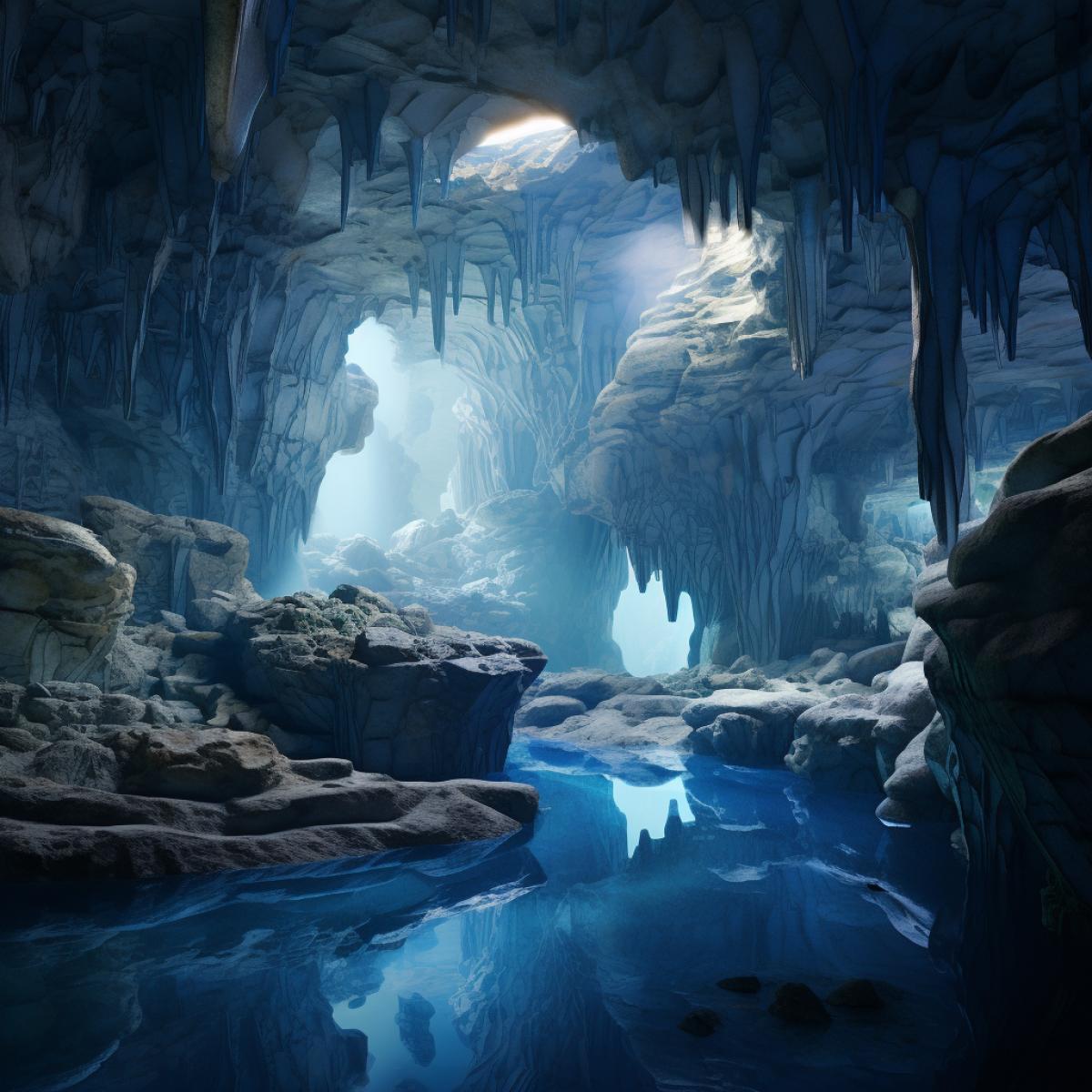 inside of gigant a cave that the shape resembles rib cage by Veronique Meignaud, sheer rock, cristal blue lake in the end, hyper realism, octane render