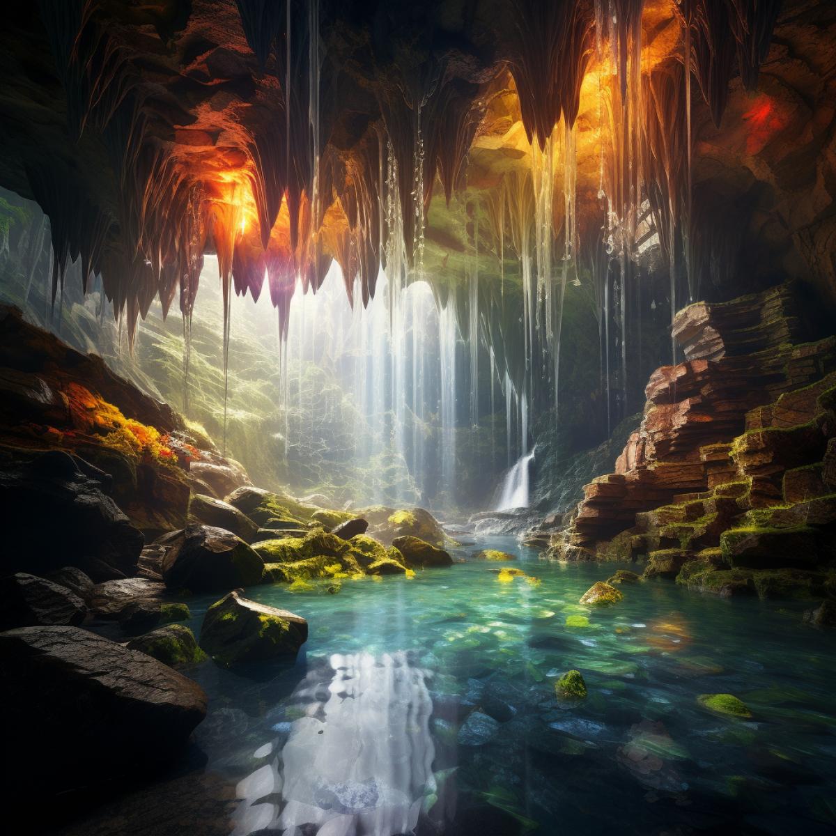 Colorful crystal cave inside the mountain. Waterfalls are falling in, sunbeams are touching the water and crystals and reflect the light, moss plants and gorgeous flora