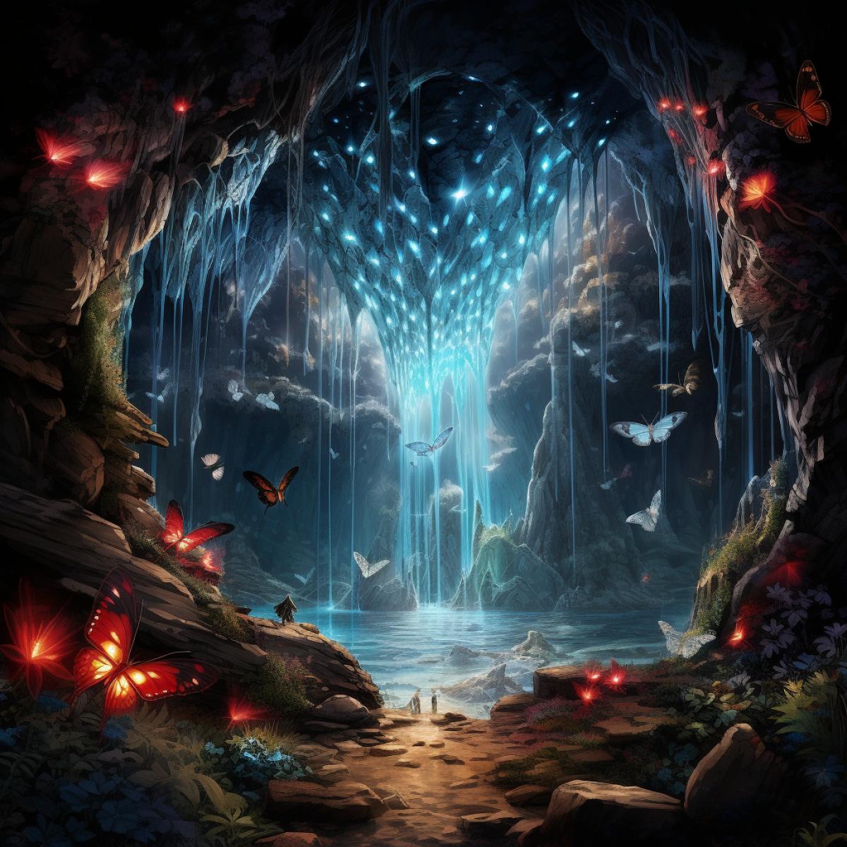 A cave made of crystals, in the middle there is a crystal in which two butterflies are walled up, connected with a red thread, moonlight, glare, a rainbow, crickets, fog, a stream.