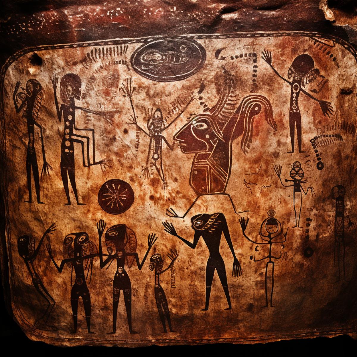 Cave cave paintings of the first meeting with aliens