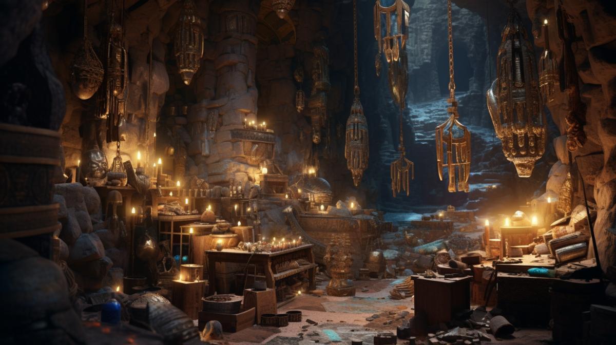 a cozy cave with lots of treasures, old detaileds with golden coins and jewelry, gems and pearls, candles, pharaoh treasury, ancient paintings, dramatic lighting, hyper realistic, atmospheric, cinematic, 8k