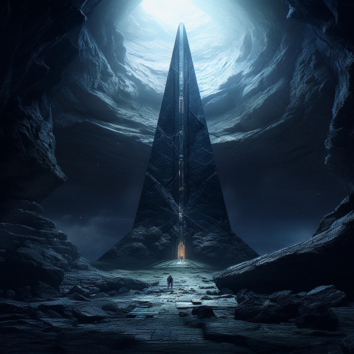 the underground alien caves of Bucegi Mountains monolithic obelisk desks placed in circle holographic picture show an analysis of DNA spiral dark and sci fi atmosphere Anunnaki king alien concquerors intricate and fine details in high resolution digital concept art in good resolution ar Imag