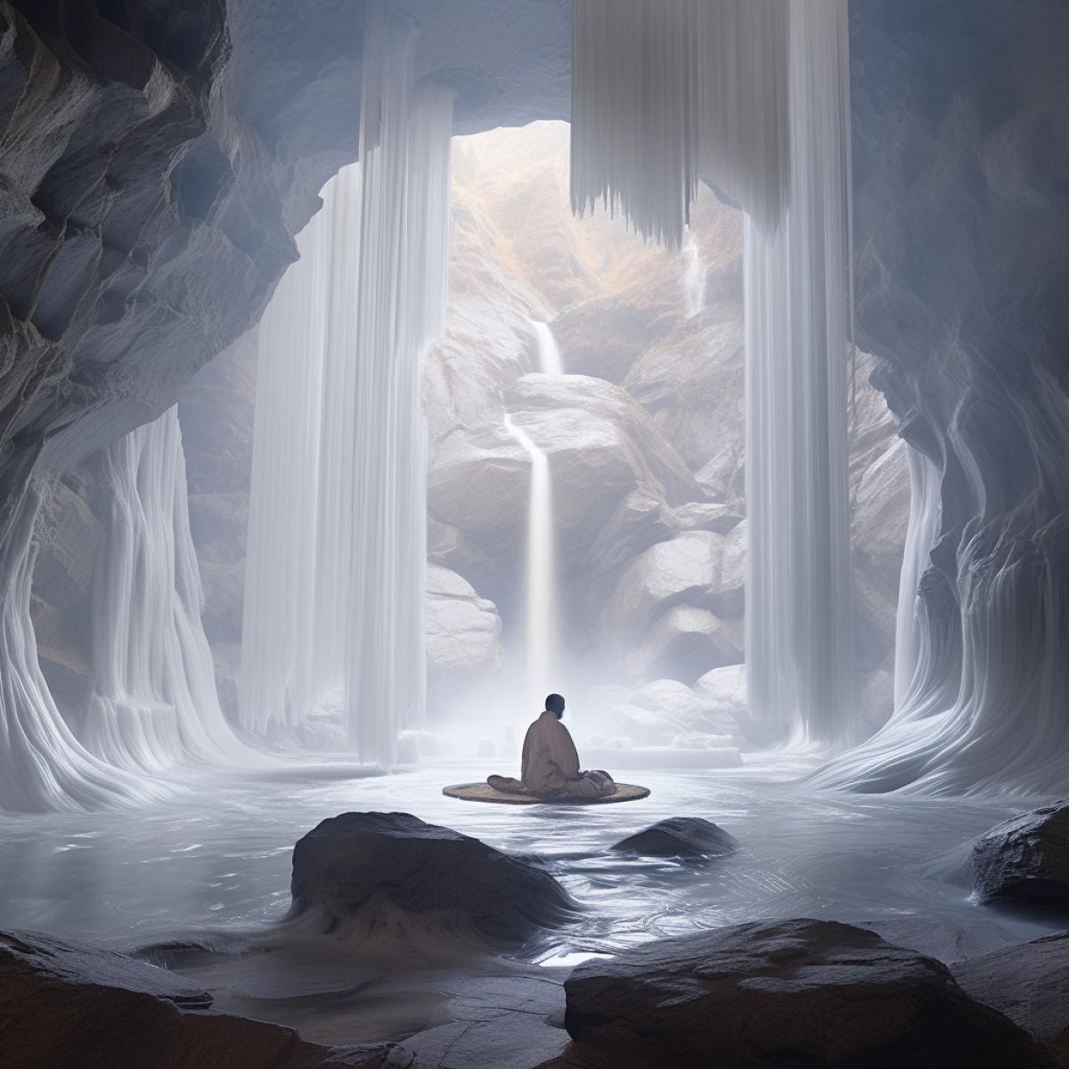 pure white contemporary meditation cave hidden under great waterfall on the high cliff of Himalaya snow mountain epic Himalaya and Icelandic landscape sunrise early morning light golden light rays through morning mist gods ray glowing plants crystals tibetan and Indian rugs prayer beads fairy tale scenery shot on Afga Vista cinematic lighting natural lightning by alan lee and ghibli studio and Tadao Ando wes anderson ultra wide angle ar Image