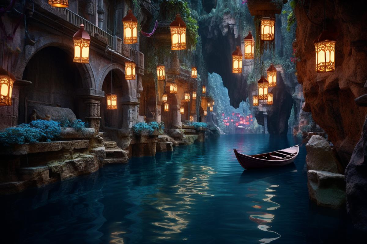 winding underground river flowing through cavern with homes carved into the cave walls colorful lanterns hanging at the river banks long gondolas with lanterns navigating the river vibrant color blue tropical water detailed lifelike photorealistic ar Image