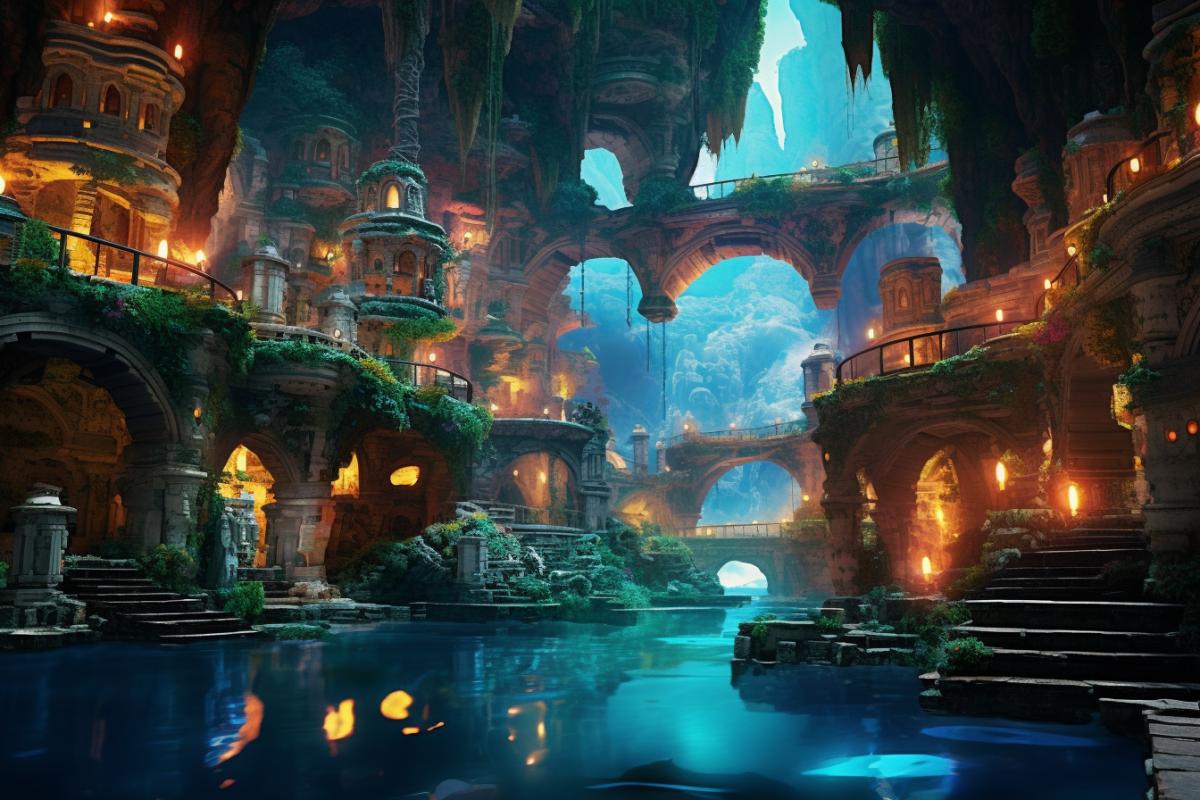 fantasy city made of stone built into the walls of deep tropical sinkhole view from the bottom of the sinkhole up into the city cave tunnels that an underground river flows through colorful lanterns garden city ancient wondrous epic cinematic ar Image