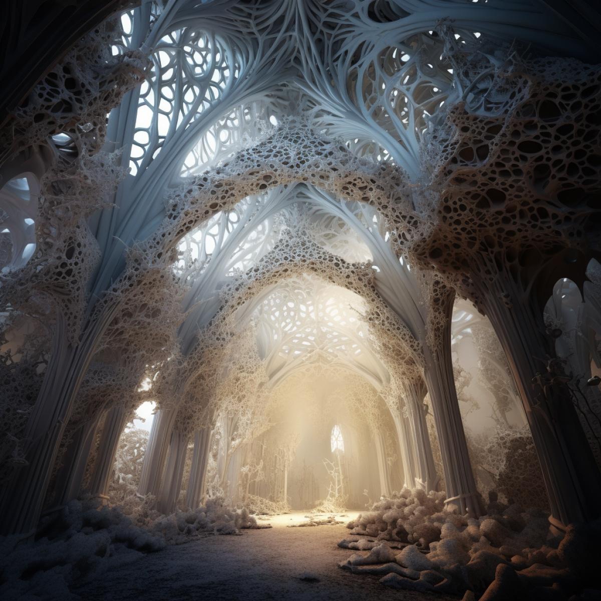 Prototype of imagine gothic church built of white lichens in cave Radiolaria fractals unreal engine hyperrealistic surrealism art digital art digital painting digital illustration world created by light soft lighting extreme detail ultra hd hdr cinematography mm movie still photo realistic color grading soft lighting award winning photography Image