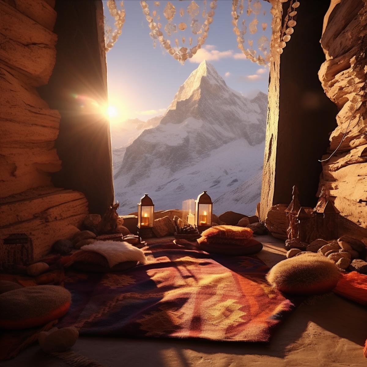 retreat meditation cave in Tibet high snow mountains epic Icelandic and Tibetan landscape sunrise morning light gods ray glowing plants exotic medicinal herbs meditation cushion and Tibetan rug prayer beads artifacts made of natural material handscrolls fairy tale scenery shot on Afga Vista cinematic lighting natural lightning by alan lee and moebius wes anderson ultra wide angle ar Image