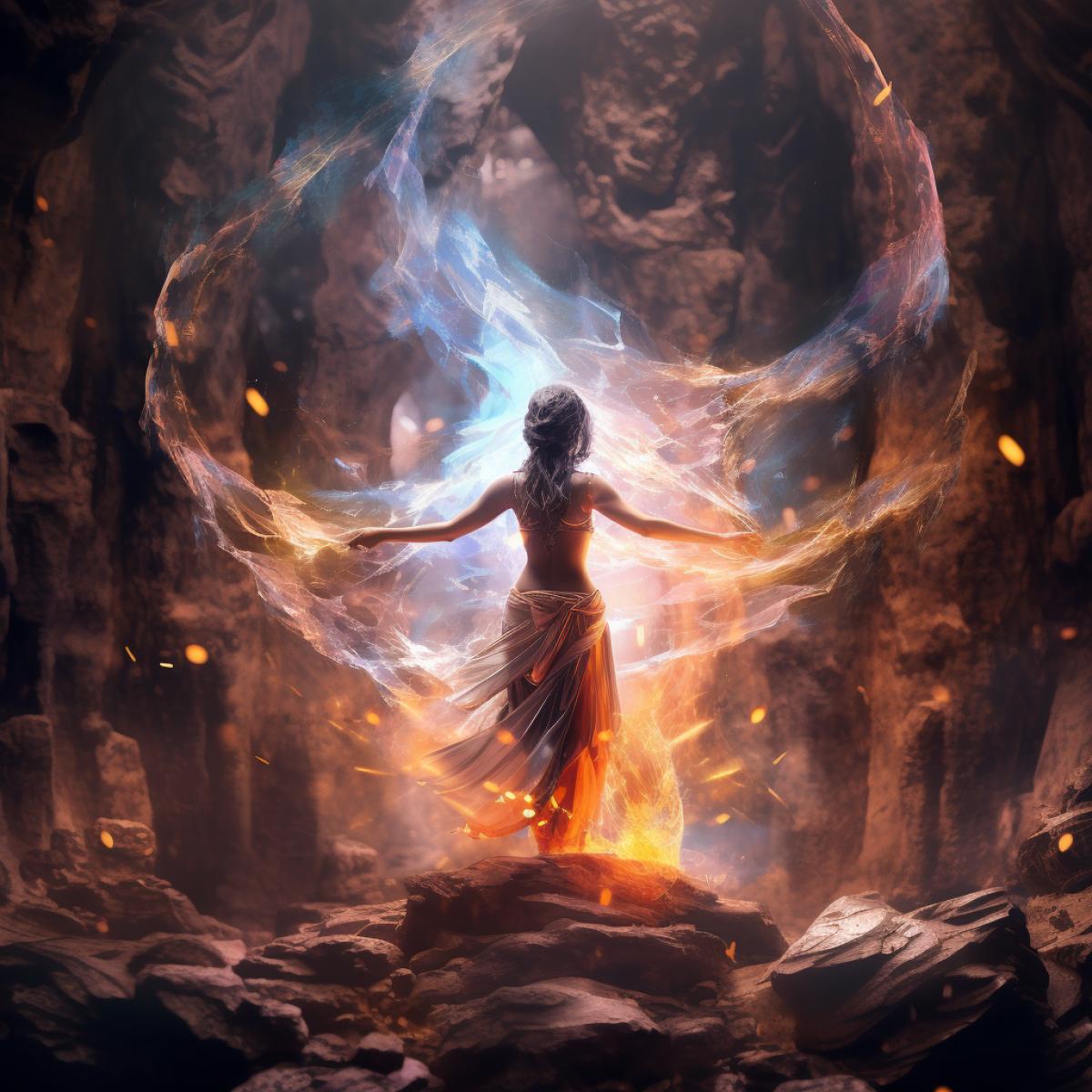 abstract princess in the cave with torch flames and an old Hindu priest practising martial arts full body portrait photorealistic DnD art twopoint lighting prototype nebula Metamorphosis futuristic extremely detailed extremely detailed background photorealism dynamic com4k ultra resolution cinematic extreme wide shot surrealism splash and smoke ar ar chaos