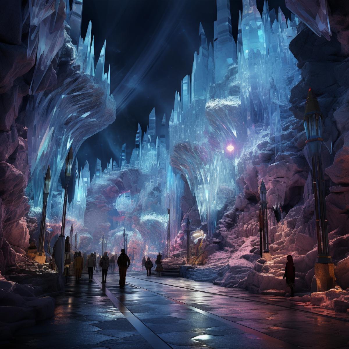 city of elvish ice buildings magically sculpted from ice city is inside glacial cave magical light motes light the area with multicolored lights ar
