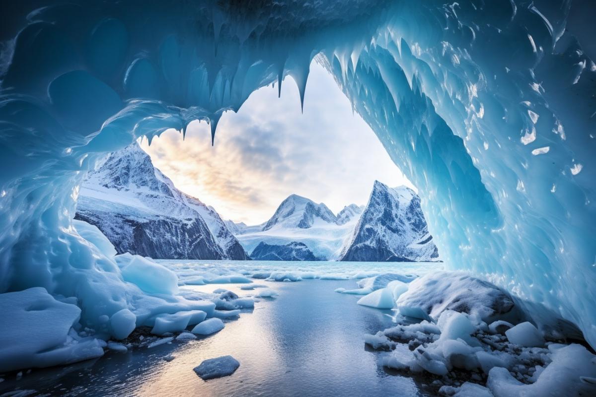 a photo taken from inside an ice cave where the peak of a snowy mountain can be seen in the background