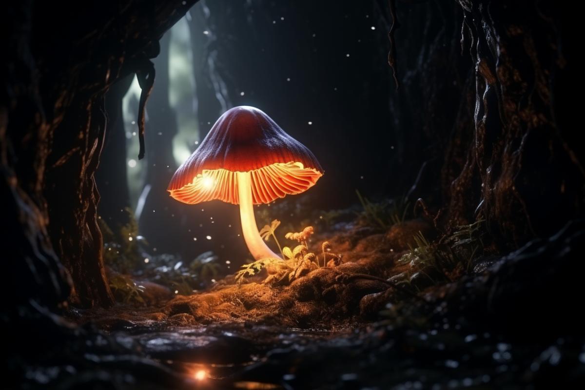 Glowing mushroom in the dark cave, photorealistic, atmospheric