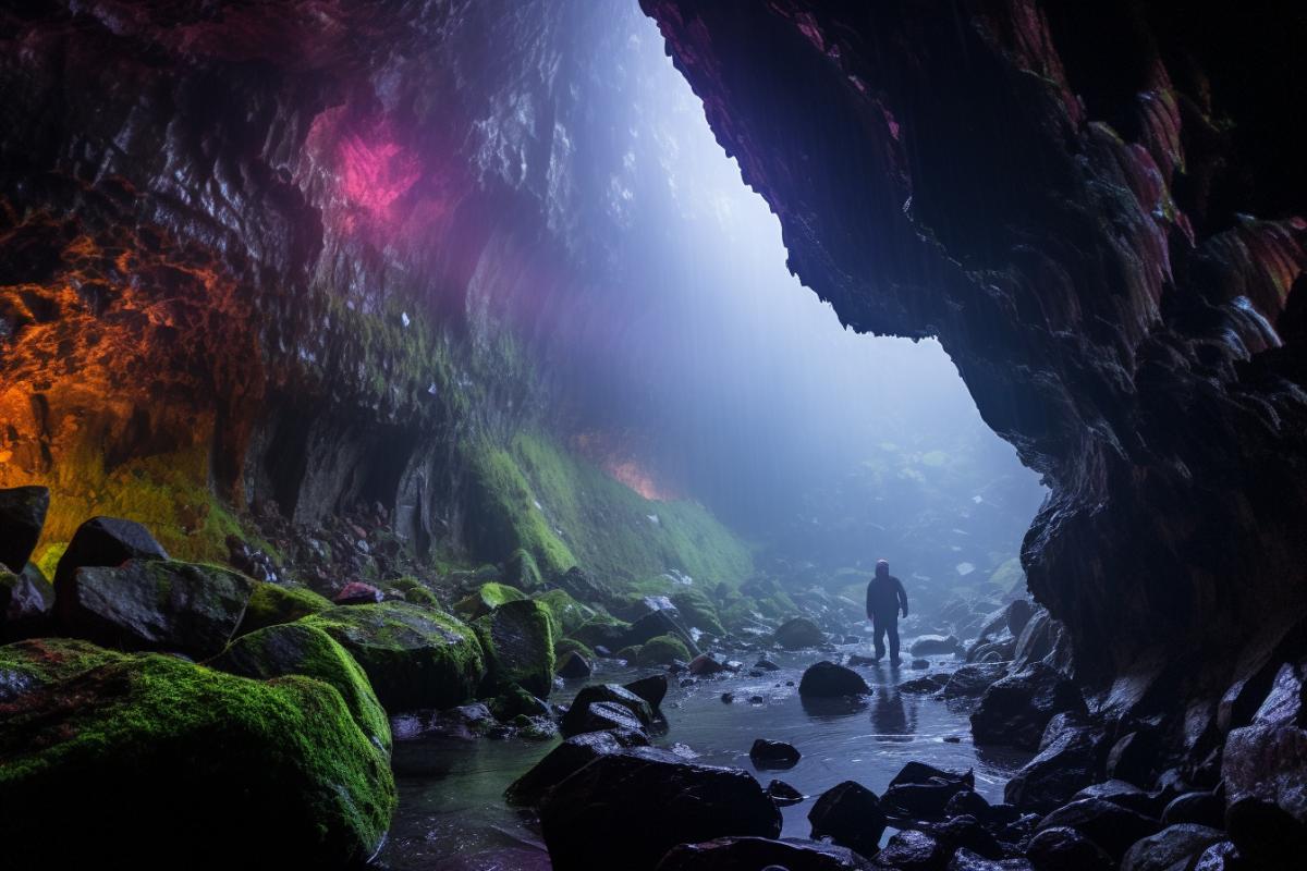 Glacier cave, rainbow coloured fog, professional photography