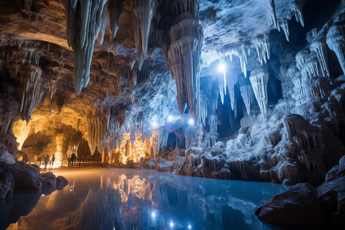Color photo inside a magnificent cave, surrounded by an enchanting display of sparkling crystals. The cave walls glisten with an ethereal glow
