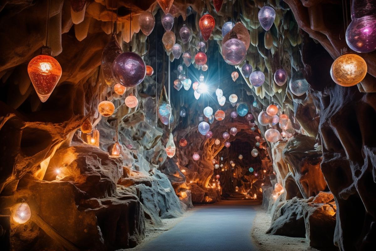 Color photo inside a magnificent cave, surrounded by an enchanting display of sparkling crystals. The cave walls glisten with an ethereal glow