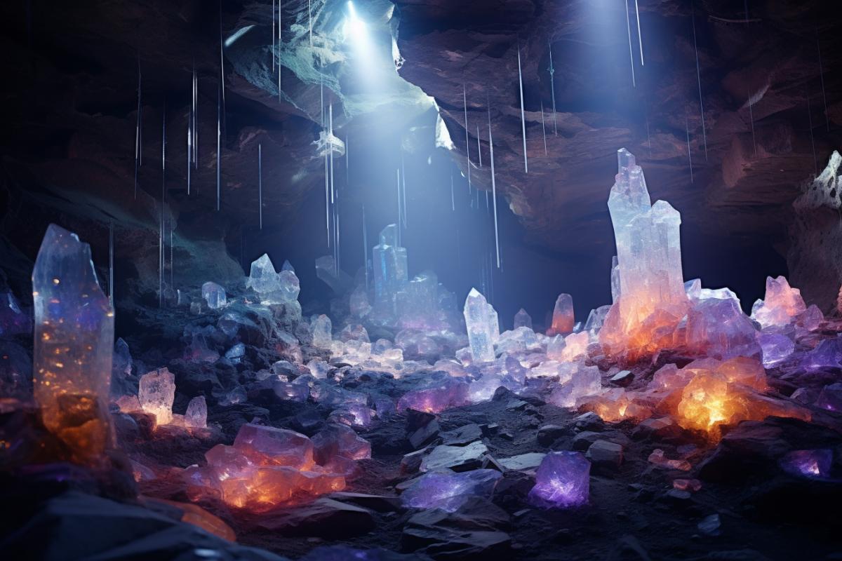 Color photo inside a magnificent cave, surrounded by an enchanting display of sparkling crystals. The cave walls glisten with an ethereal glow