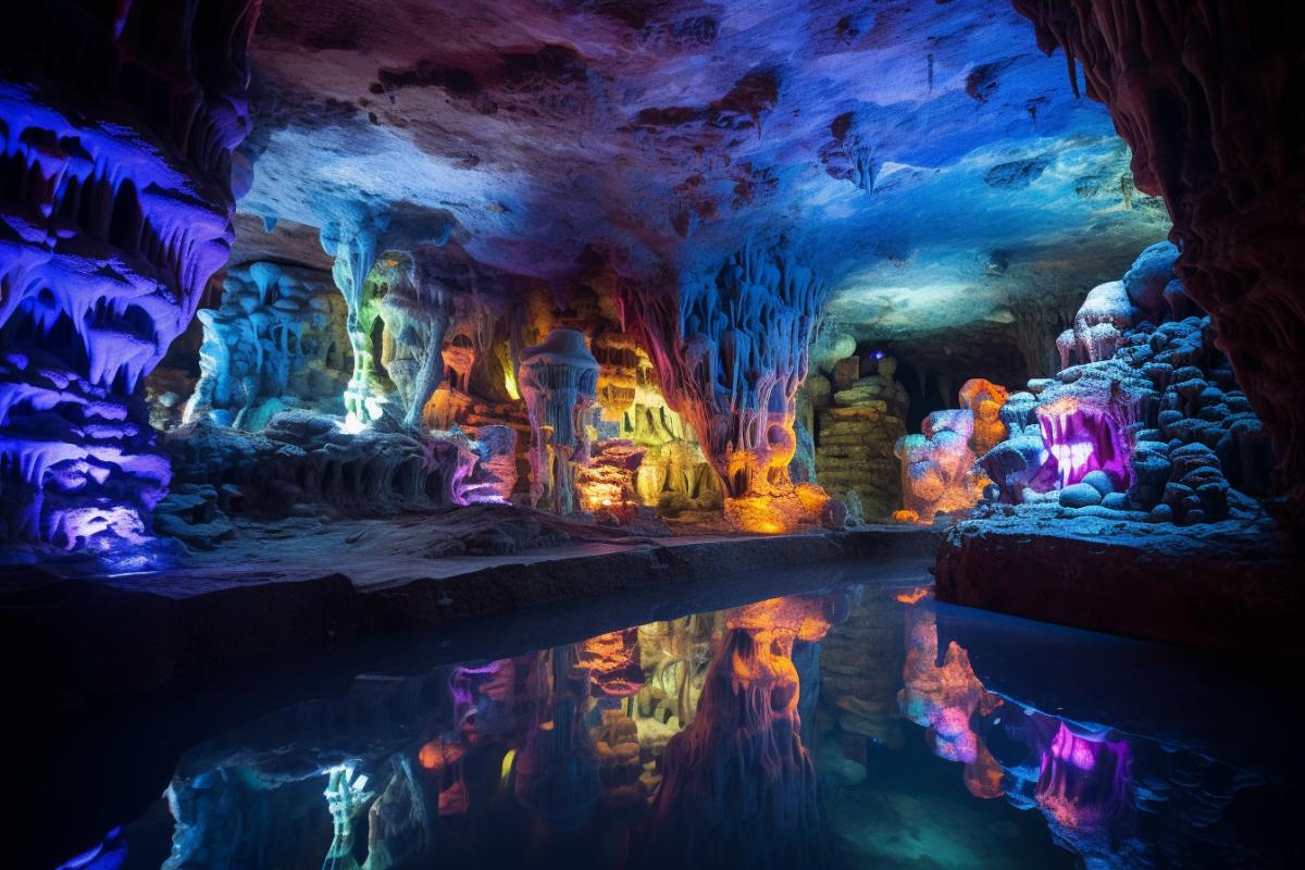 Color photo inside a magnificent cave, surrounded by an enchanting display of sparkling crystals. The cave walls glisten with an ethereal glow