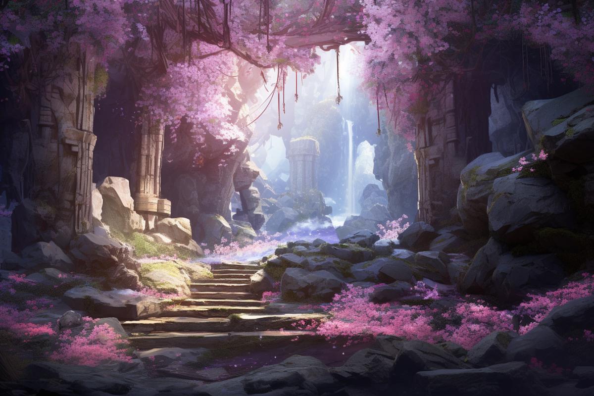 Sakura’s cave in the forest, soft, light-filled, romantic ruins, light navy and purple, photorealistic, cinematic