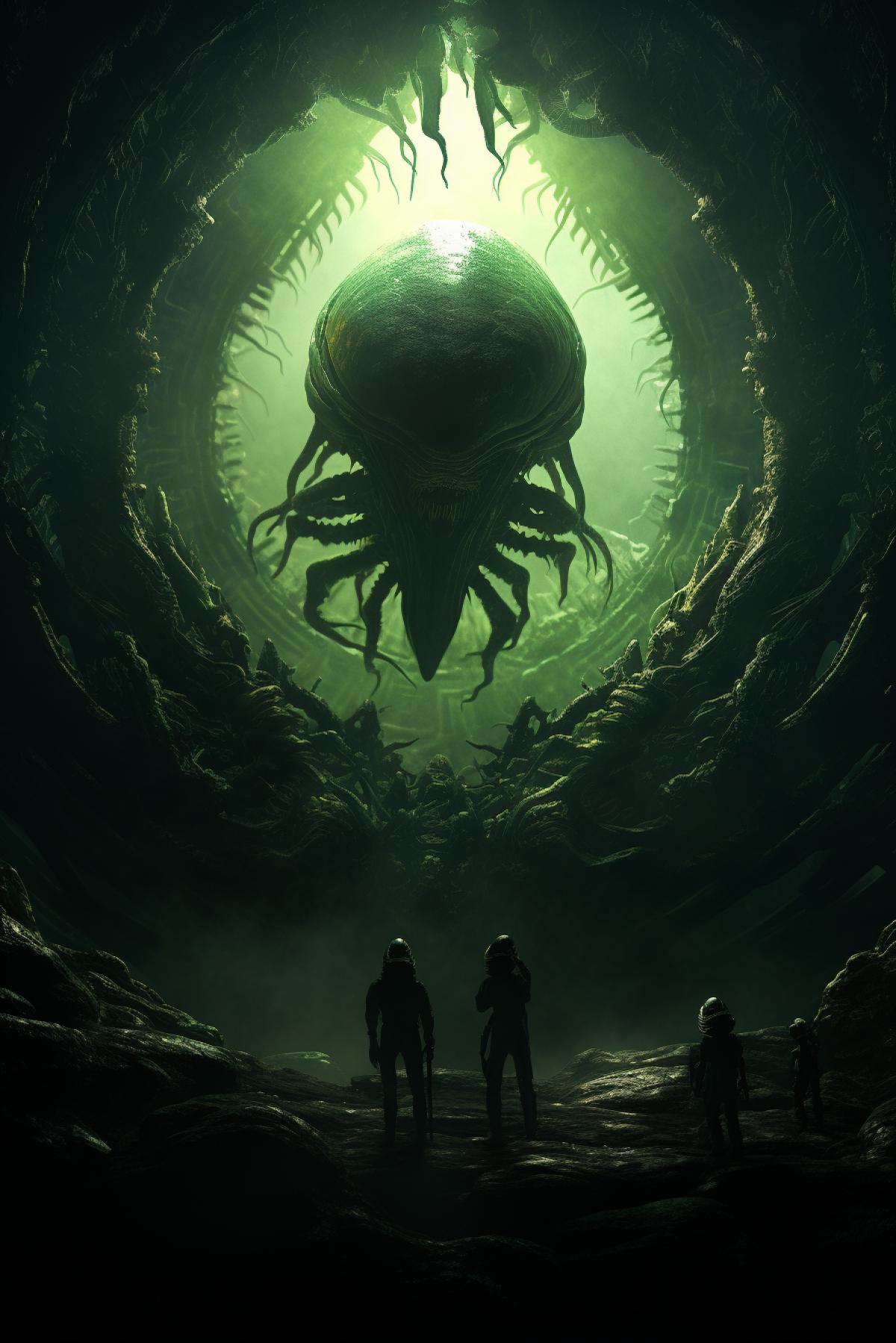 Xenomorph’s eggs :: in the dark cave, green mystical lighting, alien ancient ruins, cinematic, photorealistic, horror atmosphere