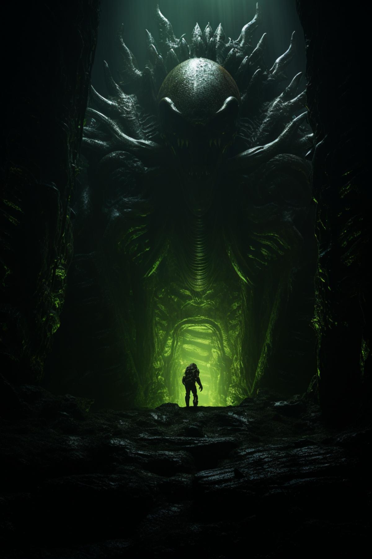 Xenomorph’s eggs in the dark cave :: green mystical lighting, alien ancient ruins, cinematic, photorealistic, horror atmosphere