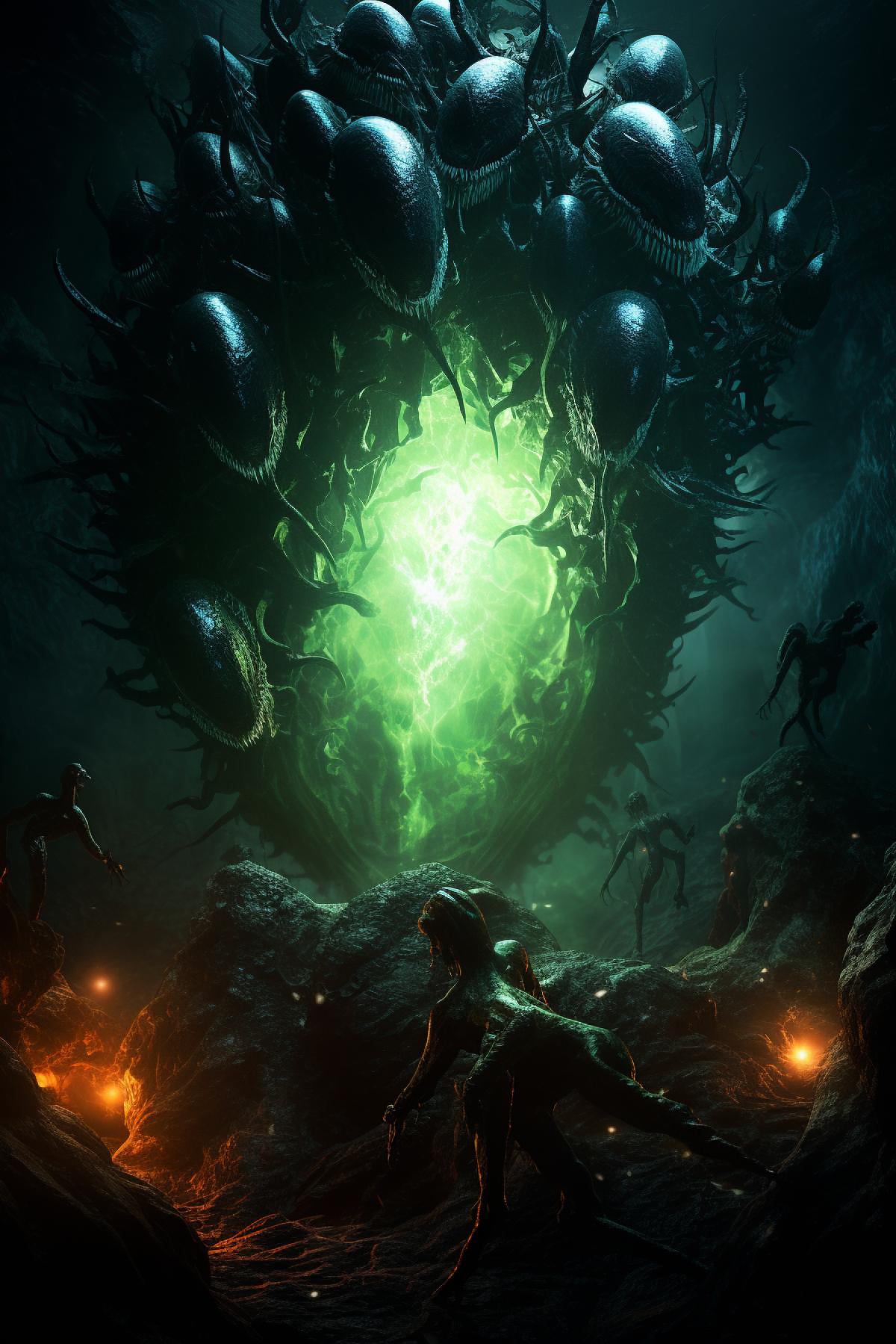 Xenomorph’s eggs :: in the dark cave, green mystical lighting, alien ancient ruins, cinematic, photorealistic, horror atmosphere