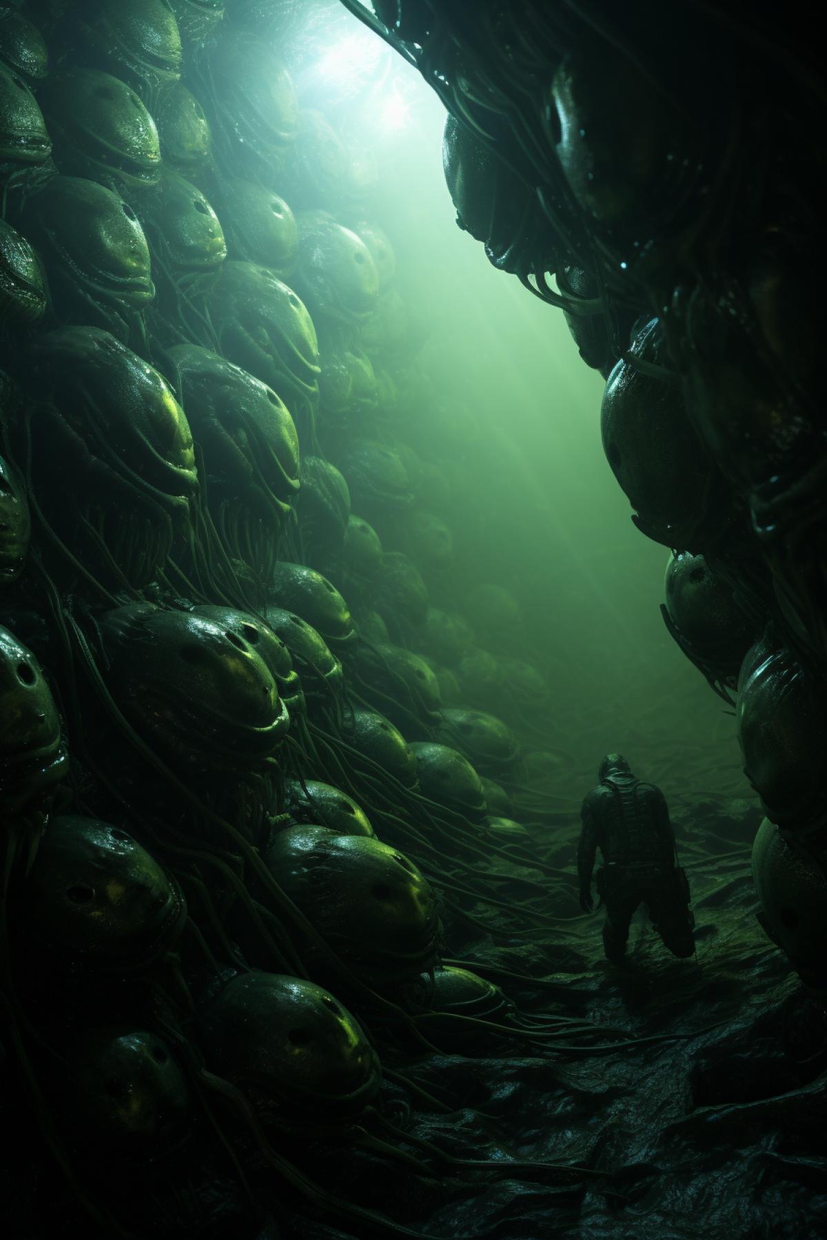 Xenomorph’s eggs :: in the dark cave, green mystical lighting, alien ancient ruins, cinematic, photorealistic, horror atmosphere