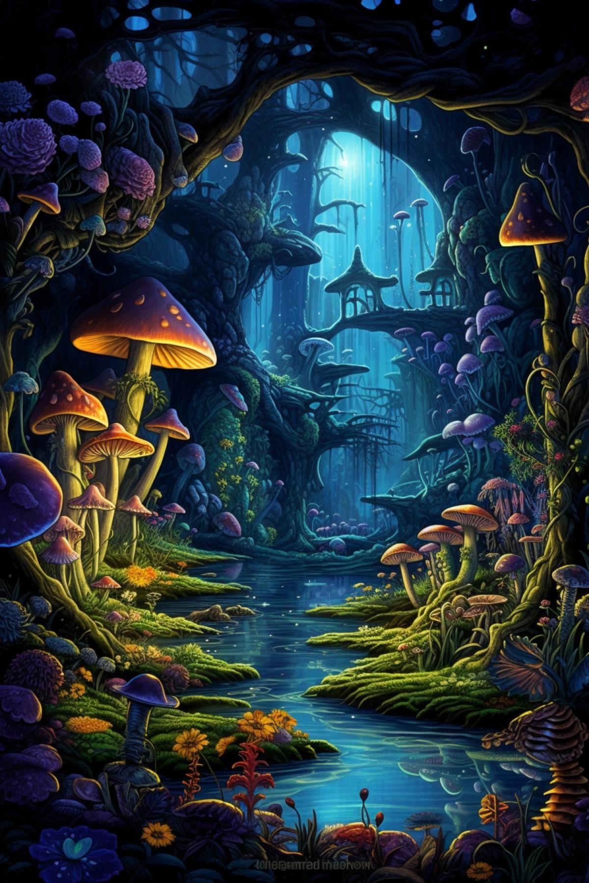 Magical cave, mushrooms, flowers, wonderland, Arthur Adams style, fantasy, many details, illustrations