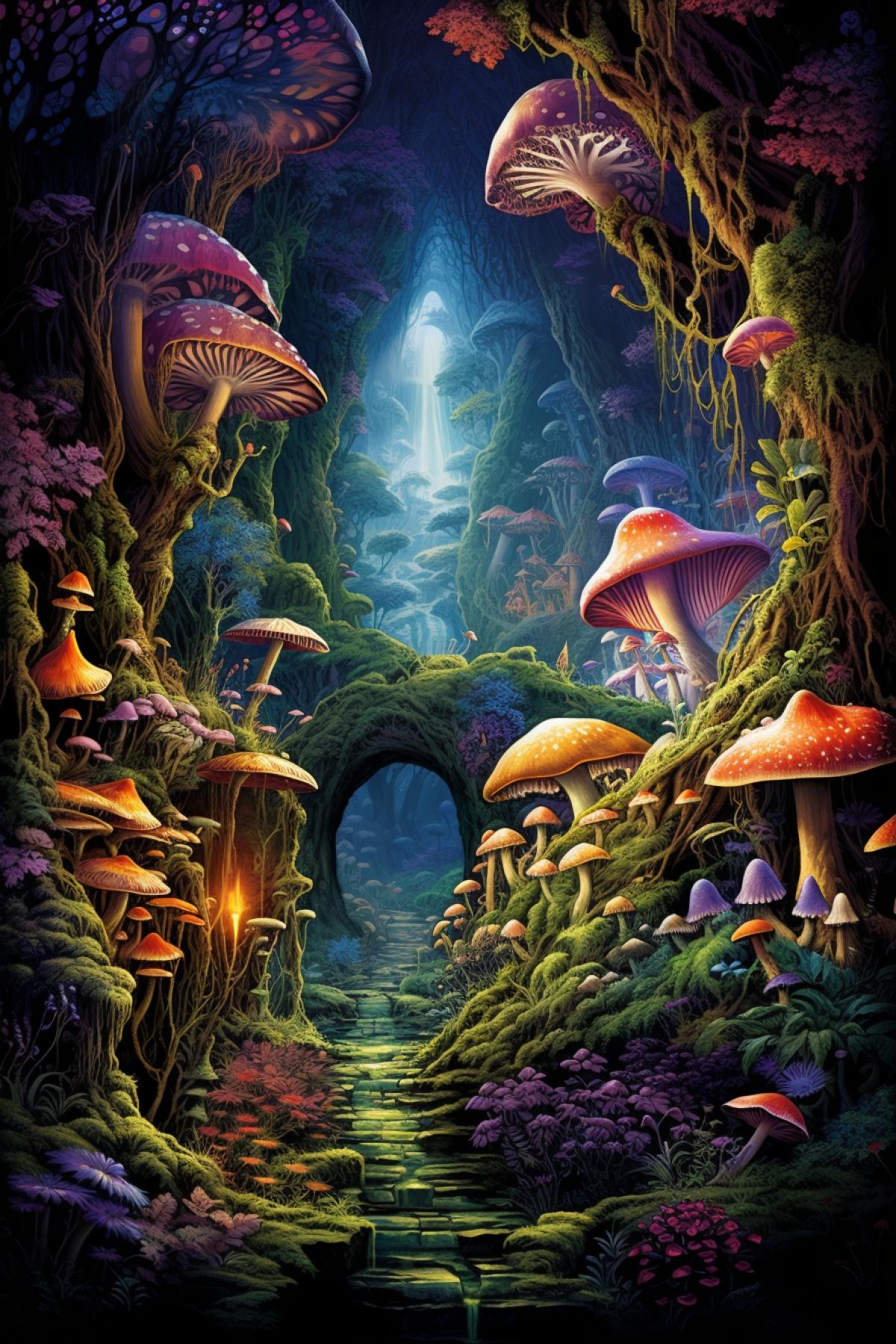 Magical cave, mushrooms, flowers, wonderland, Arthur Adams style, fantasy, many details, illustrations