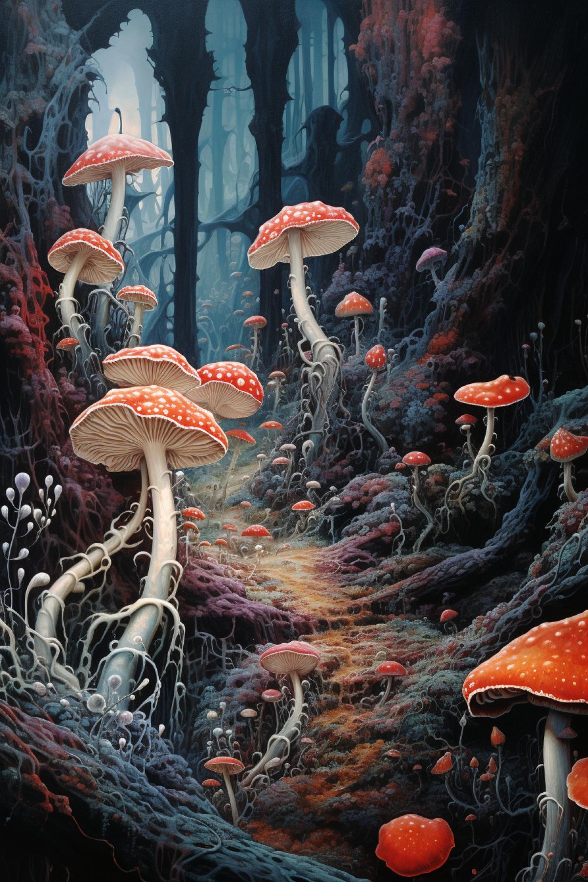 Magical cave, mushrooms, mutations, biopunk, flowers, wonderland, Ivan Albright style, fantasy, many details, illustrations