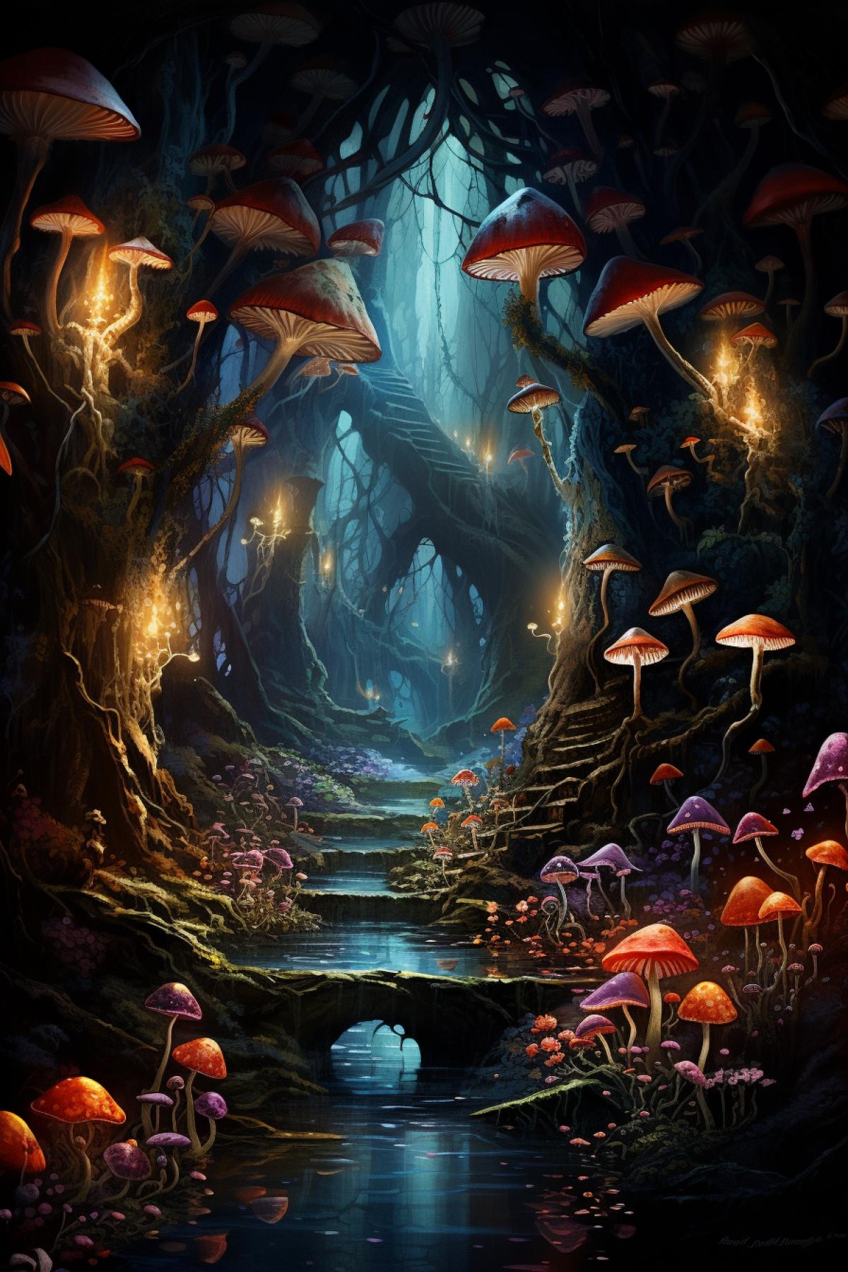 Magical cave, mushrooms, mutations, flowers, wonderland, Esao Andrews style, fantasy, many details
