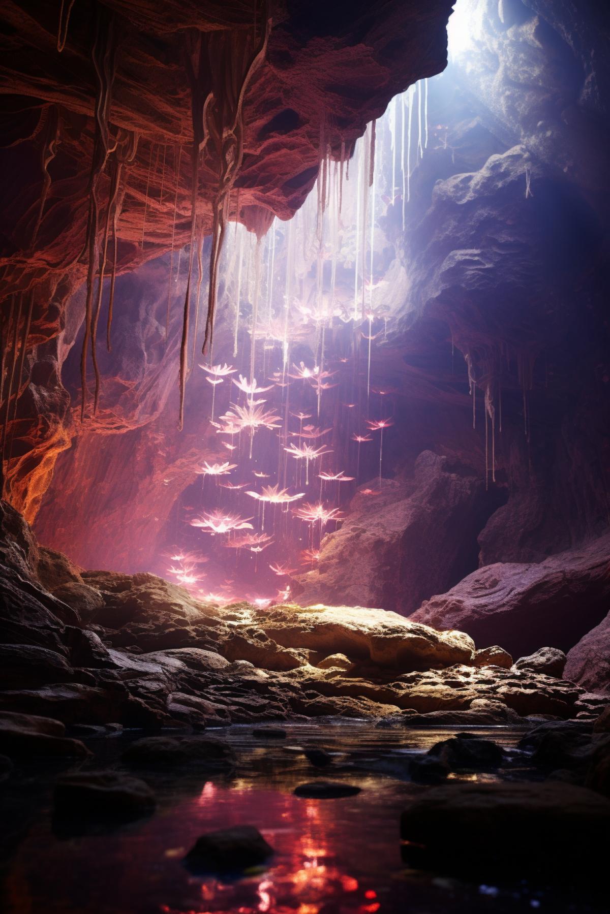 Magnificent cave, sparkling crystals, The cave walls glisten with an ethereal glow, Darren Aronofsky style, fantasy, many details