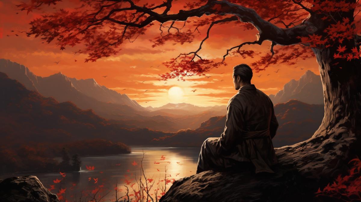 background+sunset, mountains, red maple, Asian man, kimono, oi-tsuki technique, training, hyperrealism, hyperdetailed, background, professionally adjusted focus, light from the setting sun