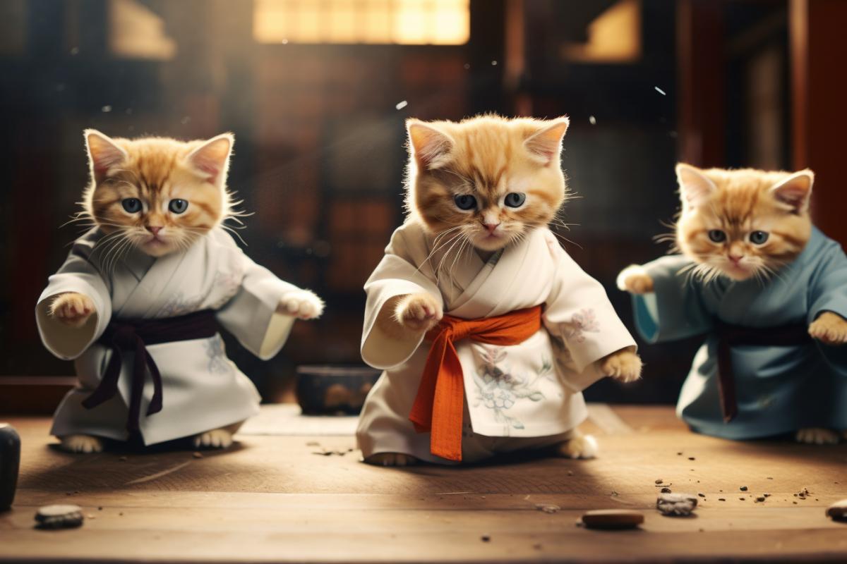 Very cute kittens doing sumo. Professional photography. cinematic light.