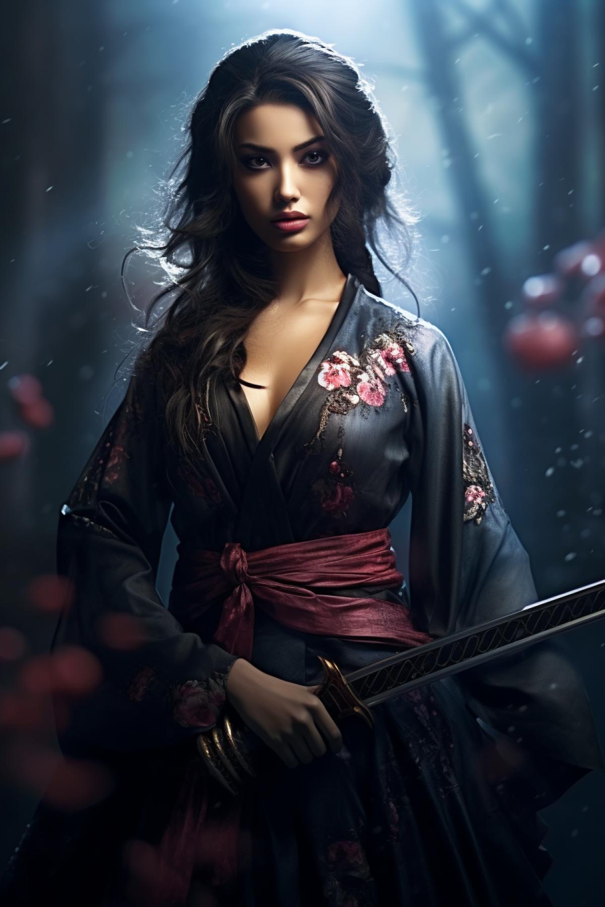Beautiful girl with katana, full body, amazing, omg, extravagant clothes, atmospheric, photorealistic, Artgerm style