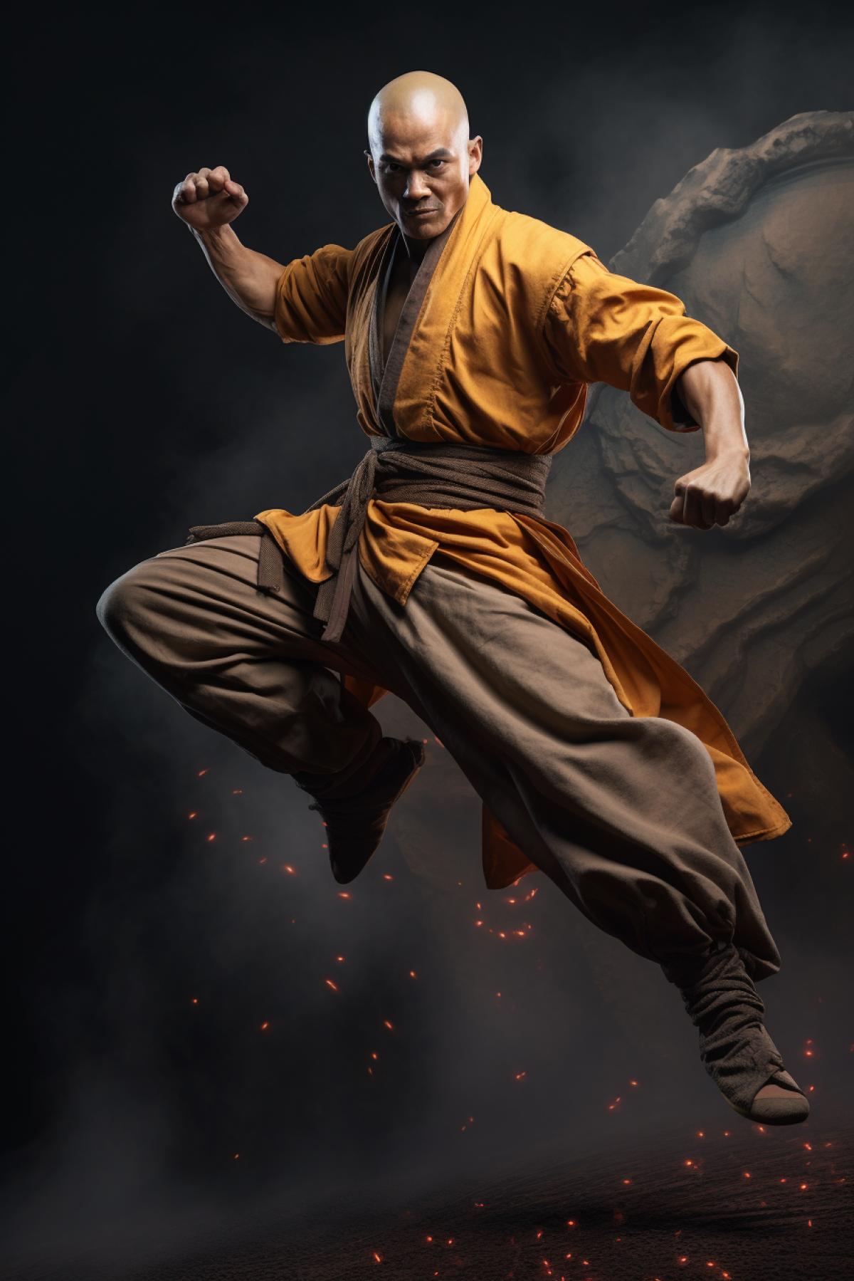 Shaolin monk in a fighting stance, full body, photorealistic, atmospheric, Asian culture, epic, cinematic, Felice Beato style