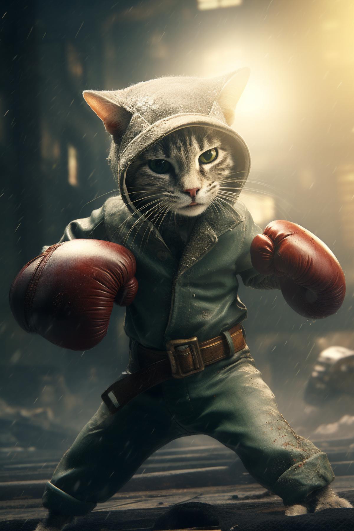 Cheerful skinny mouse boxer vs. cat fighter without rules