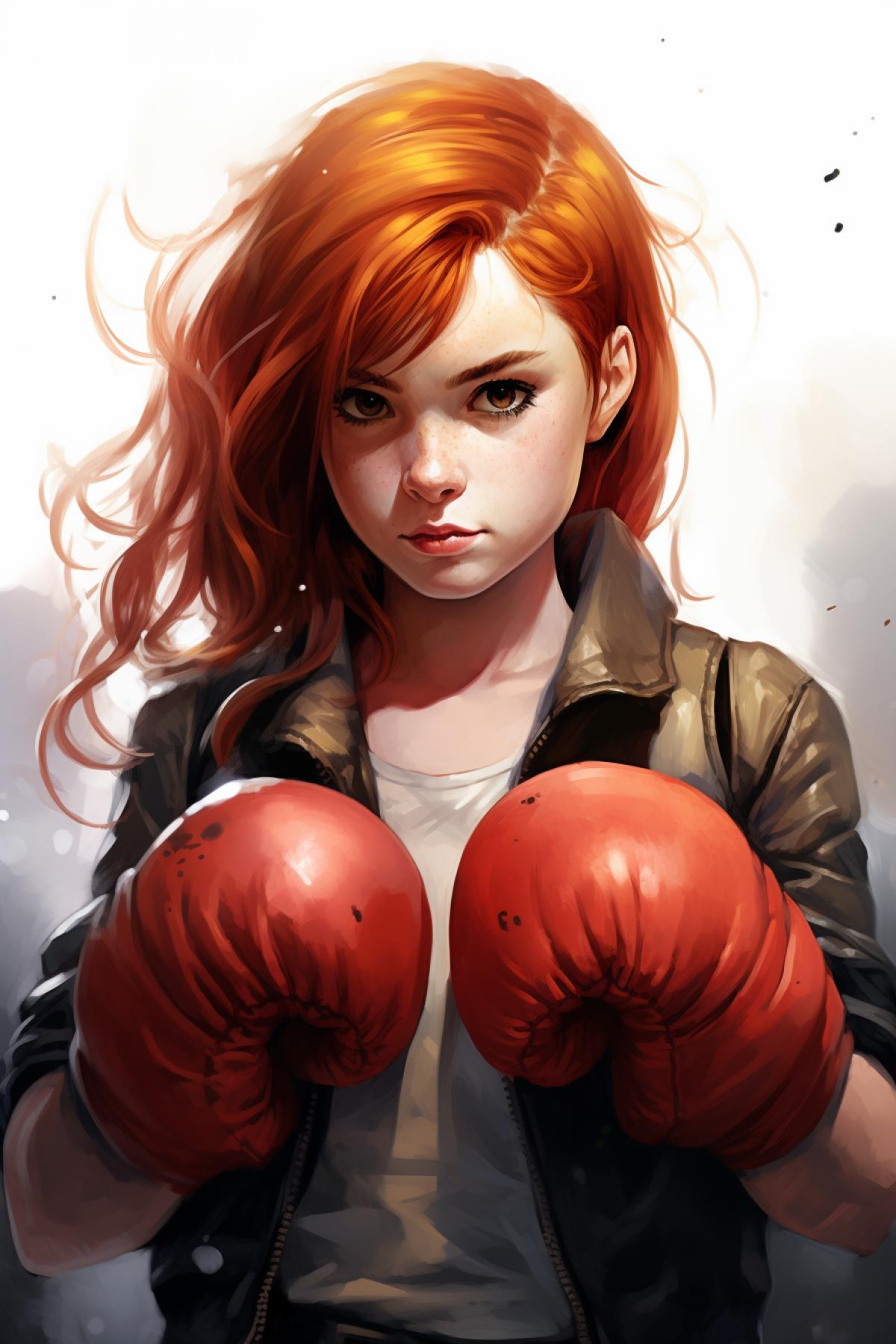 Little red-haired girl with freckles wearing huge boxing gloves against street hooligans illustration