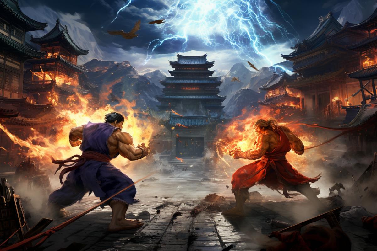 Street Fighter game, epic battle, digital art
