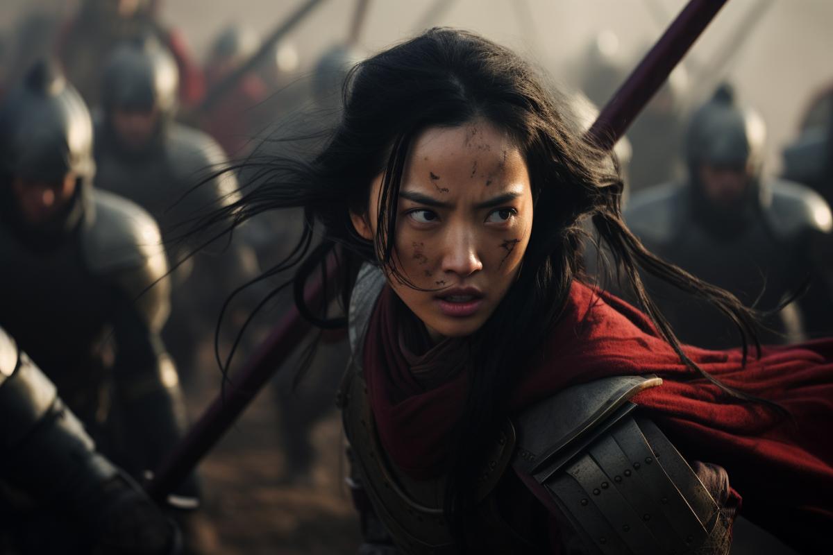 Mulan film, epic fighting, battle, cinema shot, cinematic