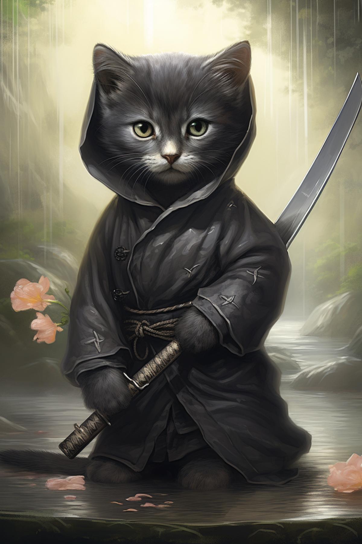 Kitten cute ninja japanese painting
