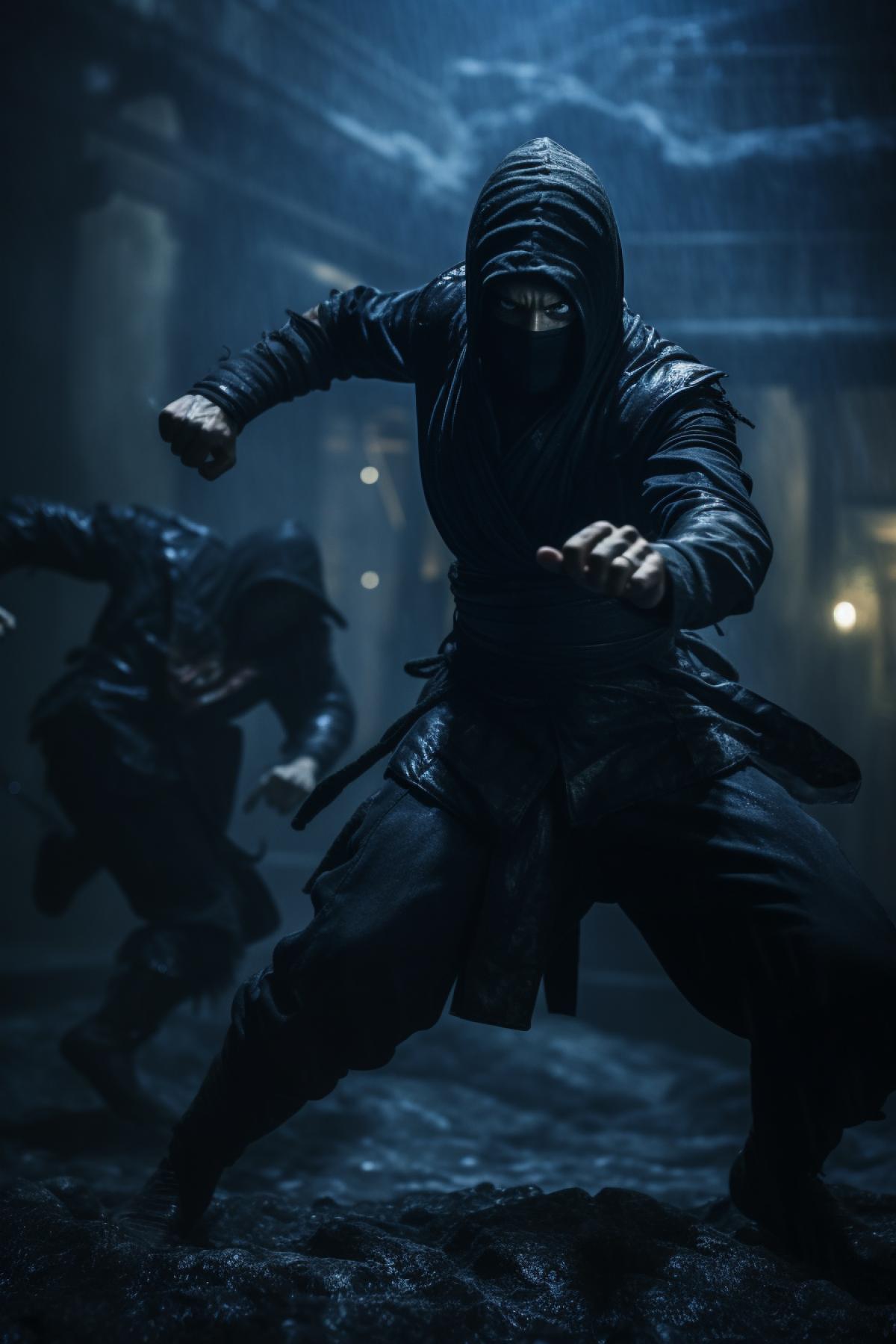 Ninja fighting, cinema shot, photorealistic, epic, night, atmospheric